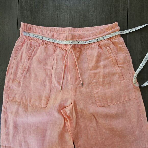 Athleta Linen Wide Leg Pants Sz 8 Split Bottom Hem Elastic Waistband Peachy Pink - Picture 9 of 10